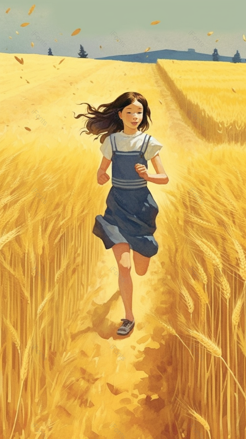 丰收麦田上的小女孩奔跑的喜悦插画,插画/手绘图,插画/手绘图库,插画/手绘图下载,插画/手绘
